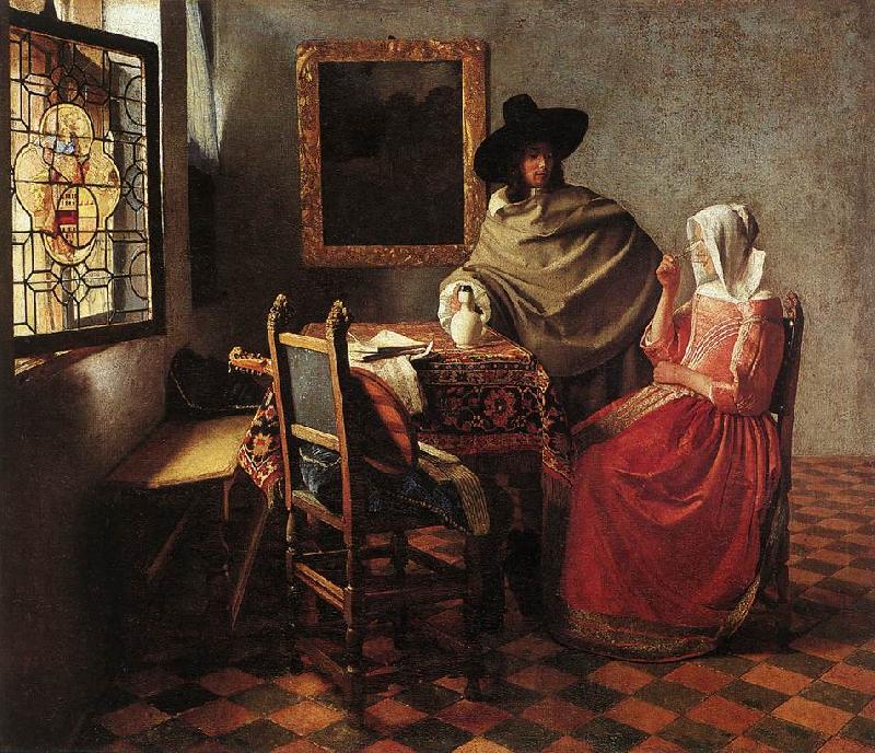 VERMEER VAN DELFT, Jan A Lady Drinking and a Gentleman wr oil painting image